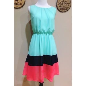 Papaya Chiffon Sleeveless Aqua, Navy & Coral Dress